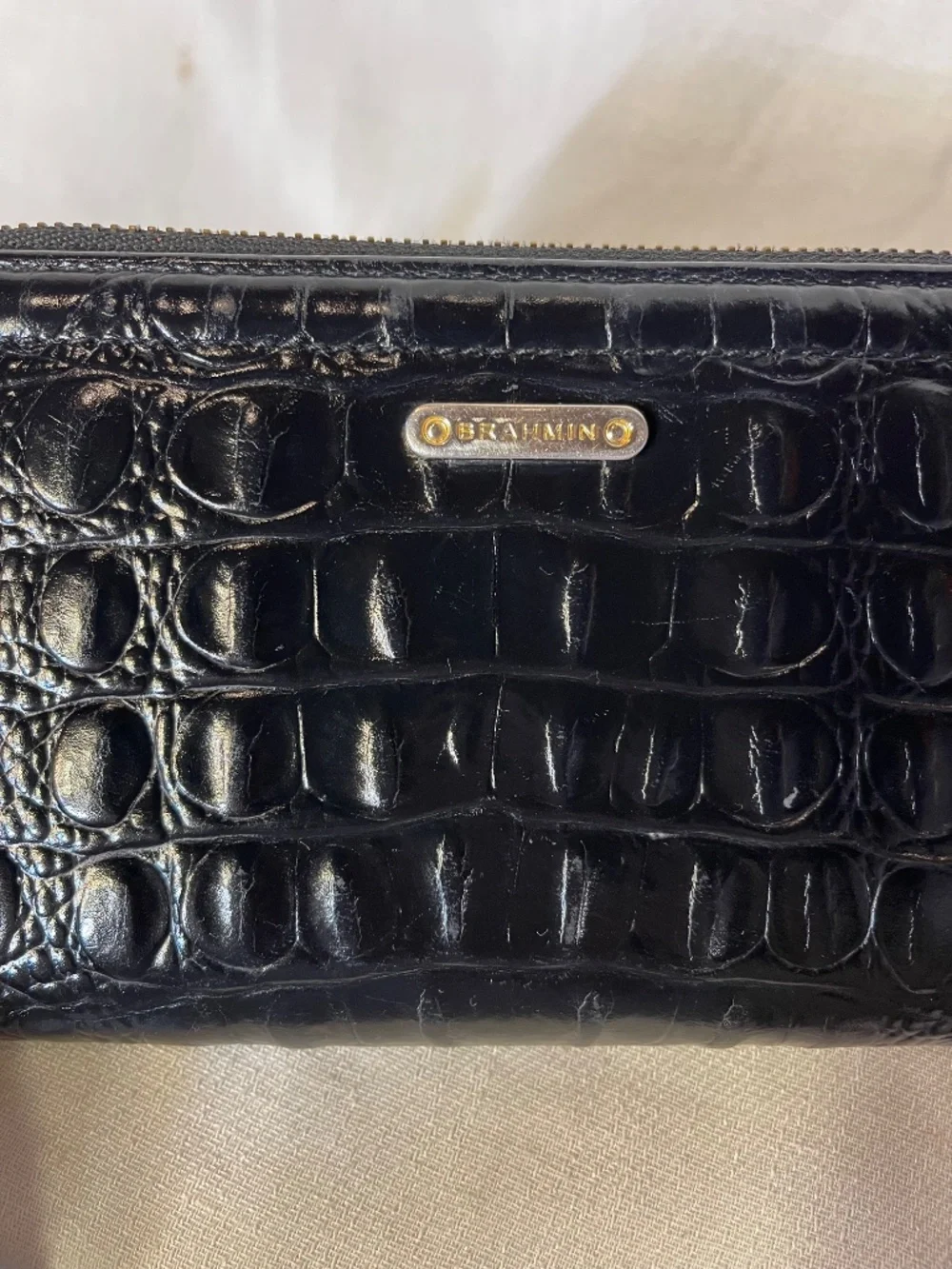 Brahmin Black Croc-Embossed Zip Card Holder
